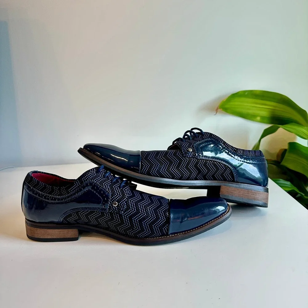 Mens Navy Blue Chevron Pattern Patent Cap Toe Dress‎ Shoes Oxford Size 8.5